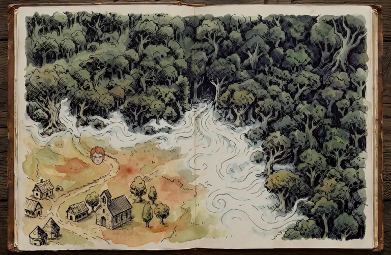 Story scene showing the hero and monk framed inside the illustrated game book.
