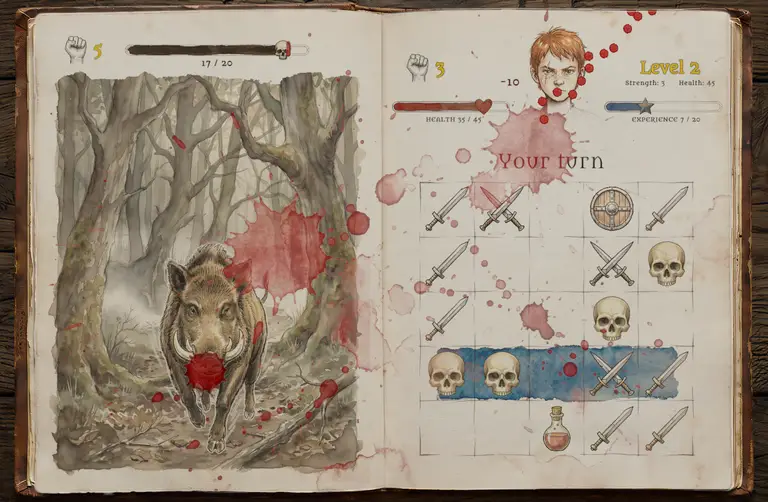 Story scene showing a painted forest approach in the Devilbreath book-like layout.