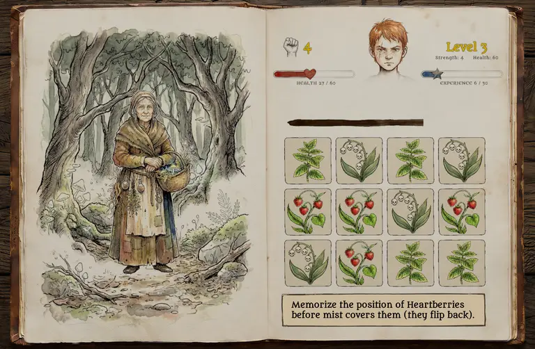 Story scene showing the forest path and painted page borders.