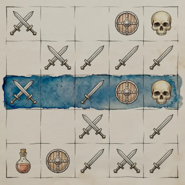 Open-book combat tutorial spread with a monk on a village road and a tactical grid.